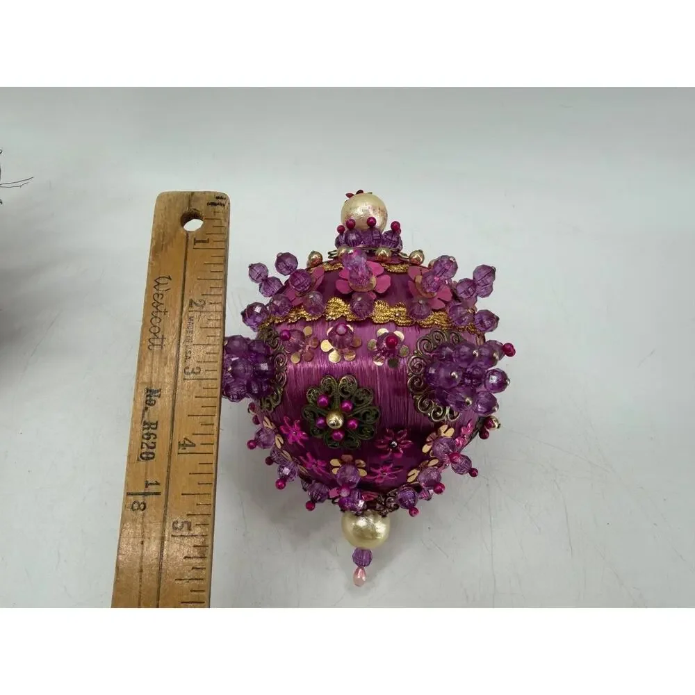 Vintage Handmade Beaded Christmas Ornament Pink Gold Sequin Ball OOAK Decor